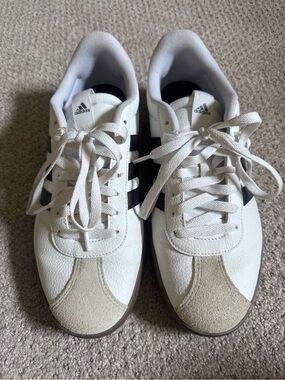 adidas Sambae White Sneakers with Black Stripes and Tan Suede Toe